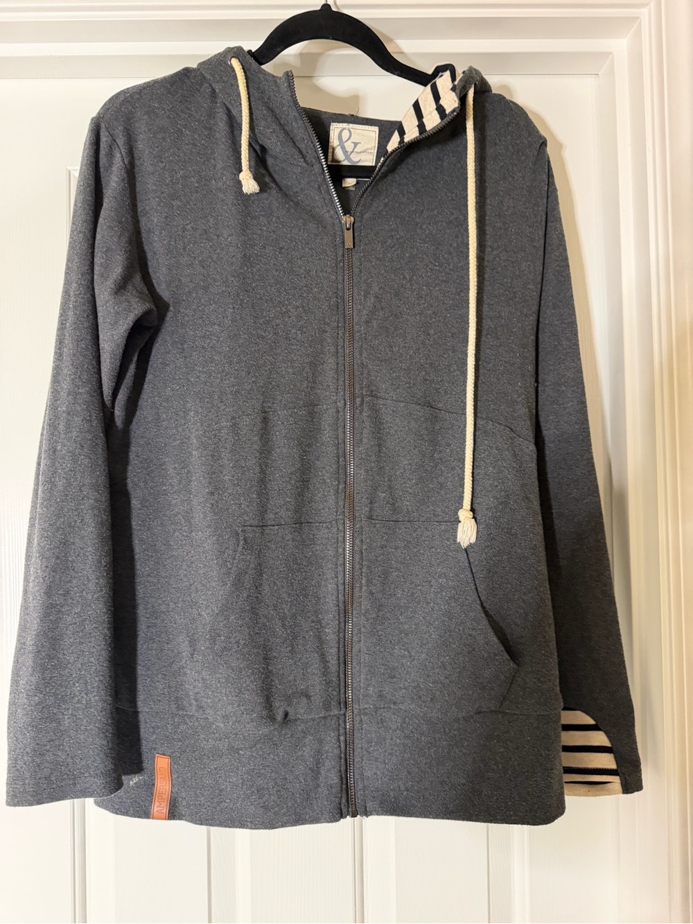 AMPERSAND AVE Charcoal Zip-Up Hoodie with Cream Drawcords